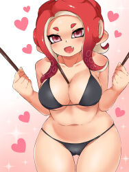  1girl bikini black_bikini breasts cleavage cowboy_shot fang food halterneck heart highres holding holding_food large_breasts leaning_forward looking_at_viewer medium_hair navel nintendo octoling octoling_girl octoling_player_character open_mouth penguin_maru_(penginmaru) pocky pointy_ears purple_eyes red_hair smile solo sparkle splatoon_(series) standing swimsuit tentacle_hair thigh_gap 