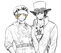  2boys ascot belt black_hair blonde_hair blush borrowed_clothes burn_scar chest_tattoo closed_mouth commentary couple earrings english_commentary facial_hair fur_hat goatee goggles goggles_on_headwear hand_on_another&#039;s_hip hat headwear_switch highres jewelry long_sleeves male_focus monochrome multiple_boys one_piece sabo_(one_piece) scar scar_across_eye scar_on_face shirt short_hair sketch smile tattoo top_hat trafalgar_law xve009 yaoi 