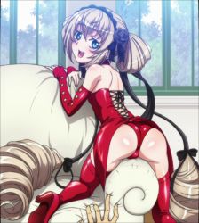  1girl ass blonde_hair blue_eyes blush bondage_outfit boots couch detached_sleeves ekaterina_kurae hairband high_heel_boots high_heels highres laces loli long_hair looking_back ribbon screencap seikon_no_qwaser shoes solo thigh_boots thighhighs twintails very_long_hair  rating:Sensitive score:127 user:danbooru