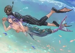 2boys air_bubble amputee animal artist_name beads black_bodysuit blue_background blue_eyes bodysuit brown_eyes brown_hair bubble commentary_request dated fingernails fins fish flippers floating_hair full_body gills goggles hair_beads hair_ornament hand_up holding_hands isaaki long_hair looking_at_another male_focus merman monster_boy multiple_boys one_eye_closed open_mouth original pointy_ears prosthesis prosthetic_tail purple_hair scar scuba_gear sharp_fingernails short_hair snorkel solo swimming twitter_username underwater 