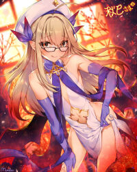  1girl :q ahoge bare_shoulders bat_wings blonde_hair blue_gloves blush clothes_pull clothing_cutout commission commissioner_name dress dress_pull elbow_gloves glasses gloves grey_eyes hair_ornament leaning_forward long_hair looking_at_viewer munlu_(wolupus) navel navel_cutout original pointy_ears signature skeb_commission sleeveless sleeveless_dress solo tongue tongue_out white_dress wings 