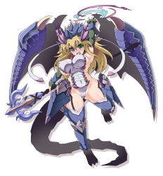  1girl armor armpits bikini_armor blonde_hair breasts covered_erect_nipples curvy dragon_girl dragon_tail dragon_wings elbow_gloves fingerless_gloves flying gloves green_eyes hair_ornament heterochromia highleg large_breasts long_hair magic purple_eyes puzzle_&amp;_dragons rakuma_kanori sideboob simple_background sonia_(p&amp;d) staff tail tears thighhighs white_background wings  rating:Questionable score:10 user:samfrkl
