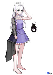 1girl absurdres bare_legs barefoot breasts cleavage collarbone dory97 dress eyelashes fishnet_sleeves fishnets full_body green_eyes hair_ornament highres holding holding_own_hair lace lace-trimmed_dress lace_trim long_hair looking_at_another maplestory purple_dress purple_hair solo white_background  rating:Explicit score:3 user:dory