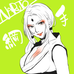  1girl breasts cleavage copyright_name facial_mark female_focus forehead_mark looking_at_viewer low_twintails lowres m1204n naruto naruto_(series) smile solo tsunade_(naruto) twintails  rating:Sensitive score:10 user:naudm