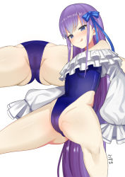 1girl blue_eyes blush bow cameltoe cleft_of_venus fate/grand_order fate_(series) from_below highres long_hair meltryllis meltryllis_(fate) meltryllis_(swimsuit_lancer)_(fate) multiple_views off-shoulder_one-piece_swimsuit one-piece_swimsuit oz_ma33 puffy_nipples purple_hair simple_background spread_legs swimsuit thighs tongue tongue_out very_long_hair white_background  rating:Questionable score:56 user:Droggu