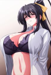  1girl absurdres arms_behind_back black_bra black_hair blush bra breasts brown_background brown_eyes cleavage collarbone collared_shirt commentary_request dress_shirt eyebrows gradient_background hair_between_eyes high_school_dxd highres himejima_akeno lace lace-trimmed_bra lace_trim large_breasts long_hair long_sleeves looking_at_viewer navel open_clothes open_shirt parted_lips ponytail shirt sidelocks simple_background solo steam_erobou underwear upper_body white_background white_shirt 