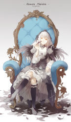  1girl boots chair doll doll_joints dress feathers female_focus flower frills full_body hairband highres joints long_hair nine_(liuyuhao1992) plant red_eyes rose rozen_maiden silver_hair sitting smug solo suigintou vines wings  rating:Sensitive score:14 user:danbooru