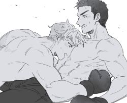  2boys ao_isami artist_request between_pecs between_pectorals blush boxing_gloves couple facial_hair from_side greyscale head_between_pecs lewis_smith male_focus monochrome multiple_boys muscular muscular_male nipples official_alternate_costume pectorals profile sideburns_stubble stubble thick_eyebrows topless_male yaoi yuuki_bakuhatsu_bang_bravern 