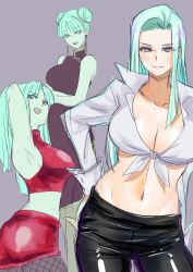  1girl alternate_costume alternate_hairstyle arm_behind_head armpits ass breasts capcom china_dress chinese_clothes cleavage covered_navel crossed_arms demon_girl double_bun dress from_side front-tie_top green_eyes green_hair hair_bun hand_on_own_hip highres large_breasts leather leather_pants legs looking_at_viewer looking_back midriff morrigan_aensland multiple_views navel official_alternate_costume open_mouth pants rosie_rosie seductive_gaze seductive_smile shirt sideboob skirt smile solo thighs tied_shirt vampire_(game) 