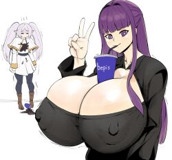  2girls bepis black_dress blunt_bangs boots breast_envy breast_hold breasts bubble_tea_challenge capelet cleavage closed_eyes covered_erect_nipples cup dress drinking drinking_straw elf fern_(sousou_no_frieren) frieren gigantic_breasts highres huge_breasts long_hair looking_at_viewer multiple_girls pantyhose pointy_ears purple_eyes purple_hair sad skirt sousou_no_frieren spill spilled_drink spilled_liquid thecon twintails v white_background white_hair 