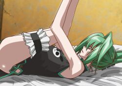  1girl armpits bed breasts china_dress chinese_clothes dress folded_ponytail from_side green_eyes green_hair indoors kyabakurabakufu large_breasts leg_lift legs_up lifted_by_self lying non-web_source on_back on_bed shaman_king simple_background solo tao_jun thigh_strap 