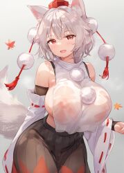  1girl animal_ears ass breasts covered_breasts huge_ass inubashiri_momiji large_breasts leaf light_smile maple_leaf rainot red_eyes short_hair signature touhou wet wet_clothes white_hair  rating:Questionable score:32 user:probyursala42