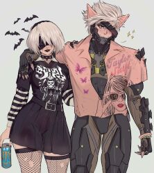  1boy 1girl 2b_(nier:automata) animal_ears arm_on_another&#039;s_shoulder belt black_blindfold black_dress black_hairband black_lips black_nails blindfold blush bracelet can cat_ears choker collared_shirt color_connection commentary covered_eyes cyborg dress english_commentary eyepatch fishnet_thighhighs fishnets grey_eyes hair_color_connection hairband highres holding holding_can jewelry looking_at_viewer looking_to_the_side mechanical_parts metal_gear_(series) metal_gear_rising:_revengeance mole mole_under_mouth monster_energy nier:automata nier_(series) pink_nails pink_shirt platinumgames_inc. print_shirt raiden_(metal_gear) shirt short_hair simple_background smile spiked_choker spikes thighhighs white_hair wide_hips yoracrab 