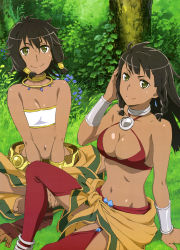  10s 2girls absurdres adjusting_hair amazon_warrior anklet arm_support armlet artist_request bare_arms bare_shoulders barefoot bikini black_hair bracelet bracer braid breasts c: choker cleavage closed_mouth criss-cross_halter dark-skinned_female dark_skin dungeon_ni_deai_wo_motomeru_no_wa_machigatteiru_darou_ka feet female_focus flat_chest grass green_eyes hair_between_eyes halterneck hand_on_own_cheek hand_on_own_face hands_on_feet hat highres indian_style jewelry large_breasts long_hair looking_at_viewer midriff multiple_girls nature navel neck neck_ring necklace nyantype official_art on_floor on_grass outdoors red_legwear revealing_clothes sarong scan shiny_skin short_hair siblings sisters sitting smile strapless swimsuit sword_oratoria tiona_hiryute tione_hiryute toes tree tube_top twins v_arms white_tube_top  rating:Questionable score:87 user:danbooru