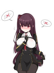 1girl arm_between_breasts between_breasts black_pantyhose blazer blouse blush breasts closed_mouth clothes_lift collared_shirt commentary_request covered_erect_nipples embarrassed flying_sweatdrops framed_breasts girls&#039;_frontline gloves hair_ribbon half_updo high-waist_skirt jacket korean_commentary kumasteam large_breasts lifting_own_clothes long_hair looking_away necktie no_bra no_panties one_side_up pantyhose pelvic_curtain purple_hair red_eyes red_necktie red_ribbon ribbon shirt simple_background skirt skirt_lift solo strap taut_clothes taut_shirt thighband_pantyhose very_long_hair wa2000_(girls&#039;_frontline) wavy_mouth white_background white_shirt rating:Sensitive score:52 user:danbooru