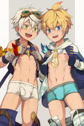 2boys absurdres androgynous bandaid bandaid_on_face bandaid_on_nose bennett_(genshin_impact) blonde_hair blue_briefs blue_eyes blue_gloves blue_jacket blue_male_underwear blush briefs bulge classic_fly_briefs clothes_pull commentary_request daikung genshin_impact gloves goggles goggles_on_head green_eyes grey_hair hair_between_eyes highres jacket looking_at_viewer male_focus male_underwear mika_(genshin_impact) multiple_boys navel nipples open_clothes open_mouth pants pants_pull short_hair shota simple_background sleeveless smile teeth topless_male underwear upper_teeth_only white_background white_briefs white_hair white_male_underwear rating:Questionable score:148 user:danbooru