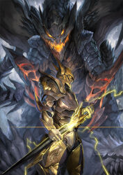  ambiguous_gender armor claws couter covered_face drawing_sword electricity fake_horns fantasy faulds full_armor gauntlets giant giant_monster glowing glowing_eyes gold_armor greaves helm helmet holding holding_sword holding_weapon horned_helmet horns imminent_fight knight layered_armor monster original pauldrons pixiv_fantasia pixiv_fantasia_revenge_of_the_darkness plate_armor rerebrace sharp_teeth sheath shoulder_armor shousuke_(skirge) solo sword teeth unsheathing weapon  rating:General score:5 user:danbooru