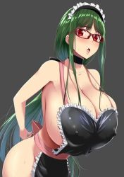 1girl apron breasts caught choker cleavage covered_erect_nipples glasses green_hair huge_breasts kloah leaning_forward long_hair looking_at_viewer maid_apron maid_headdress naked_apron no_panties open_mouth original otsuka_ren red_eyes solo surprised rating:Explicit score:106 user:TDogarooski