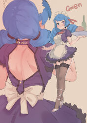 1girl absurdres blue_hair blush bow cafin collar dress drill_hair female_focus full_body gwen_(league_of_legends) hair_bow highres league_of_legends long_hair maid smile solo standing thighhighs twin_drills twintails white_bow white_footwear rating:Sensitive score:92 user:danbooru