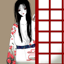  1girl genderswap genderswap_(mtf) japanese_clothes kimono naruto naruto_(series) simple_background solo uchiha_itachi  rating:Sensitive score:4 user:addyazzy