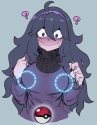  10s 1girl ? @_@ ahoge alternate_breast_size black_hair black_nails blue_eyes blush breasts constricted_pupils creatures_(company) frilled_sleeves frills game_freak gameplay_mechanics hairband hex_maniac_(pokemon) long_hair medium_breasts messy_hair nail_polish nervous_smile nintendo npc_trainer poke_ball poke_ball_(basic) pokemon pokemon_go pokemon_xy ribbed_sweater simple_background smile solo spacezin sweat sweater turtleneck upper_body very_long_hair  rating:Sensitive score:82 user:danbooru