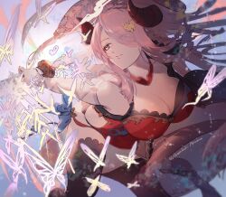  arumu blue_eyes braid breasts bug butterfly butterfly_hair_ornament cleavage demon_horns draph dress granblue_fantasy hair_ornament hair_over_one_eye highres holding holding_sword holding_weapon horns insect katana large_breasts narmaya_(granblue_fantasy) pointy_ears single_braid sleeveless sleeveless_dress sword weapon 