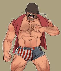  1boy abs american_flag_legwear b64arts bara bare_pectorals clenched_hand hairy hat_over_eyes helmet highres large_pectorals male_focus mature_male muscular muscular_male navel nipples pants pectorals pointing pointing_at_self serg64_(b64arts) shouting soldier_(tf2) solo sparse_navel_hair standing stomach strongman_waist team_fortress_2 thick_arm_hair thick_chest_hair thick_leg_hair thick_thighs thighs torn_clothes torn_pants torn_sleeves veins veiny_arms 