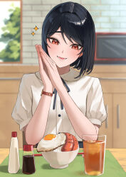  1girl :d bare_arms black_hair black_ribbon blurry blurry_background bob_cut bowl brick_wall chopsticks commentary cup day drinking_glass food fried_egg happy highres ice ice_cube indoors juice mayonnaise_bottle mole mole_under_eye neck_ribbon ootsuka_you open_mouth original own_hands_together puffy_short_sleeves puffy_sleeves red_eyes ribbon rice rice_bowl sausage shirt short_hair short_sleeves smile solo soy_sauce_bottle sparkle watch white_shirt wristwatch 