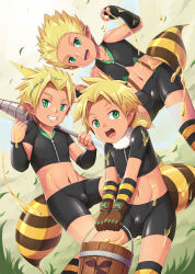 3boys bee_boy bike_shorts blonde_hair borrowed_character bucket bulge clenched_hand commentary daikung fingerless_gloves flying gloves green_eyes grin honey insect_wings male_focus midriff monster_boy multiple_boys navel open_mouth original parted_lips short_ponytail shota shotaxmonsters smile weapon wings rating:Questionable score:66 user:danbooru