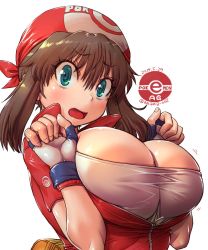  1girl alternate_breast_size amania_orz bandana blush breasts breasts_squeezed_together brown_hair bursting_breasts cleavage commentary_request creatures_(company) fingerless_gloves game_freak gloves green_eyes highres large_breasts looking_at_viewer may_(pokemon) nintendo open_clothes open_mouth pokemon pokemon_rse red_bandana shirt solo tight_clothes tight_shirt zipper zipper_pull_tab  rating:Questionable score:131 user:danbooru