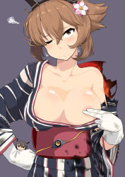 10s 1girl alternate_costume alternate_eye_color anchor anchor_earrings breasts brown_eyes brown_hair burnt_clothes character_doll collarbone commentary_request covering_nipples covering_privates earrings eyebrows flower gloves hair_between_eyes hair_flower hair_ornament hand_fan headgear highres japanese_clothes jewelry kantai_collection kimono kozou_(rifa) large_breasts long_sleeves looking_at_viewer mutsu_(kancolle) nagato_(kancolle) obi one_eye_closed paper_fan purple_background sash short_hair solo striped_clothes striped_kimono torn_clothes white_gloves wide_sleeves yukata rating:Questionable score:18 user:danbooru