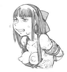  1girl ainu_clothes angry arms_behind_back bdsm bondage bound breasts breasts_out hair_ribbon highres long_hair medium_breasts nakoruru nipples open_mouth ribbon samurai_spirits snk solo sweat the_king_of_fighters traditional_media 