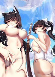  2girls alternate_costume animal_ears arched_back arm_at_side armpits ass atago_(azur_lane) atago_(summer_march)_(azur_lane) atago_(summer_march)_(azur_lane) azur_lane bare_shoulders bikini blue_sky blunt_bangs breasts casual_one-piece_swimsuit closed_mouth cloud covered_erect_nipples day from_below from_side gluteal_fold hair_ribbon hand_in_bikini hand_on_own_thigh hand_up highres holding holding_sword holding_weapon large_breasts legs_together long_hair looking_at_viewer looking_back looking_down mole mole_under_eye multiple_girls nape navel one-piece_swimsuit open_mouth outdoors ponytail ribbon schreibe_shura sideboob sidelocks sky smirk swept_bangs swimsuit sword takao_(azur_lane) takao_(beach_rhapsody)_(azur_lane) thigh_gap thighs underboob weapon white_bikini white_one-piece_swimsuit white_ribbon wooden_sword yellow_eyes  rating:Questionable score:29 user:danbooru