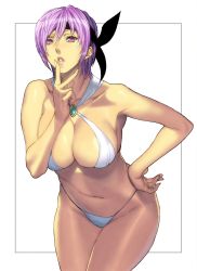 1girl ayane_(doa) bare_shoulders bikini breasts curvy dead_or_alive hand_on_own_hip highres hip_focus homare_(fool&#039;s_art) large_breasts legs lipstick looking_at_viewer makeup navel purple_eyes purple_hair serious short_hair simple_background solo standing swimsuit tecmo thighs thong_bikini white_background white_bikini rating:Sensitive score:105 user:Kentabarou