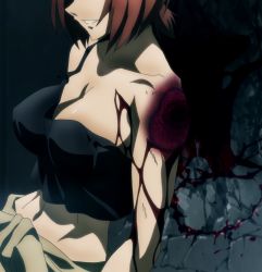  1girl blood breasts brown_hair cleavage head_out_of_frame highres large_breasts lisa_lovelock screencap smile solo stitched taboo_tattoo third-party_edit  rating:Questionable score:15 user:Dekken