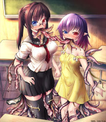  black_legwear black_skirt blue_eyes blush breasts brown_hair classroom collarbone commission covered_erect_nipples cum dated dress glasses gradient_hair heterochromia highres holding_hands indoors long_tongue looking_at_viewer medium_breasts medium_hair mouth_tentacles multicolored_hair open_mouth original pink_hair pleated_skirt ponytail purple_hair qzo_(akai_kitsune) red_eyes school_uniform sidelocks skeb_commission skirt small_breasts smile tentacle_girl tentacle_sex tentacle_tongue tentacles thighhighs tongue tongue_out wet wet_clothes yellow_dress yuri 