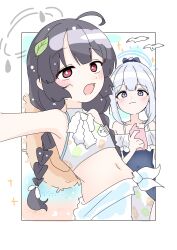  2girls absurdres ahoge animal bare_arms bare_shoulders bikini bird black_hair black_one-piece_swimsuit blue_archive blue_halo blush bobok braid casual_one-piece_swimsuit cellphone closed_mouth flat_chest frilled_one-piece_swimsuit frills grey_hair grey_halo halo hat highres holding holding_phone leaf leaf_on_head long_hair miyako_(blue_archive) miyako_(swimsuit)_(blue_archive) miyu_(blue_archive) miyu_(swimsuit)_(blue_archive) multiple_girls navel official_alternate_costume official_alternate_hairstyle one-piece_swimsuit open_mouth phone purple_eyes red_eyes seagull smartphone smile straw_hat swimsuit twin_braids white_bikini 