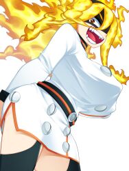  1girl arms_behind_back ass_grab belt black_hairband black_thighhighs boku_no_hero_academia breasts brown_eyes burnin_(boku_no_hero_academia) buttons collared_dress crazy_eyes double-breasted dress eye_mask eyebrows eyebrows_visible_through_mask fangs female_focus fiery_hair fingernails fire fire_extinguisher garter_straps grabbing_own_ass hair_between_eyes hair_ornament hairband highres jacket kamiji_moe large_breasts legs long_hair long_sleeves looking_at_viewer looking_to_the_side mask neck open_mouth pocopocomeron ponytail sidelocks simple_background standing suit_jacket thick_thighs thighhighs thighs tight_clothes tight_dress white_background white_dress wide_ponytail 