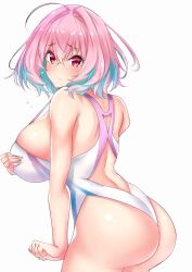  1girl ahoge ass bare_shoulders blue_hair blush breasts commentary_request embarrassed flying_sweatdrops hand_on_own_chest highres huge_breasts idolmaster idolmaster_cinderella_girls looking_at_viewer multicolored_hair one-piece_swimsuit pink_eyes pink_hair sankakusui short_hair sideboob simple_background solo swimsuit tears thighs white_background white_one-piece_swimsuit yumemi_riamu  rating:Sensitive score:2 user:danbooru