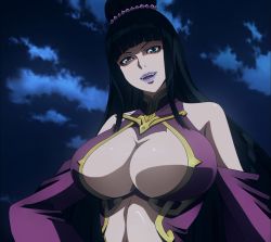  10s 1girl black_hair breasts fuuun_ishin_dai_shogun highres houkouin large_breasts long_hair night smile solo standing stitched third-party_edit  rating:Questionable score:70 user:arutos