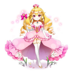  1girl blonde_hair breasts cleavage commentary_request crownette dress flower full_body highres jewelry looking_at_viewer maerchen_noir mario_(series) necklace new_super_mario_bros._u_deluxe nintendo personification pink_eyes simple_background solo staff super_crown thighhighs white_background 