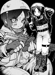  1girl alternate_costume armband backpack bag boots character_request check_character chest_rig commentary commentary_request cross-laced_footwear dirty dirty_face english_commentary eren_yeager fingerless_gloves genderswap genderswap_(mtf) gloves greyscale gun handgun hands_up helmet highres holding holding_gun holding_weapon jacket jihecchi knee_boots korean_commentary long_sleeves looking_at_viewer military_uniform mixed-language_commentary monochrome multiple_views open_mouth pants parted_bangs rifle salute shingeki_no_kyojin short_hair simple_background soldier uniform weapon 