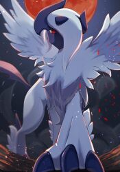 absol animal_focus claws closed_mouth creatures_(company) forehead_jewel full_moon game_freak gen_3_pokemon horns long_hair mega_absol mega_pokemon mikota moon nintendo pokemon pokemon_(creature) red_eyes solo white_hair wings