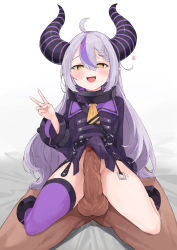 1boy 1girl asymmetrical_legwear blush bottomless dark-skinned_male dark_skin demon_girl demon_horns hetero highres hololive holox horns imminent_penetration interracial la+_darknesss large_penis legitimate_variation loli long_ears long_hair long_sleeves looking_at_viewer multicolored_hair open_mouth peace_symbol penis penis_under_another&#039;s_clothes purple_hair sitting sitting_on_lap sitting_on_person streaked_hair thighs third-party_edit virtual_youtuber yellow_eyes rating:Explicit score:200 user:Burst_Affinity