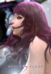  1girl copyright_notice female_focus highres nude purple_hair queen&#039;s_blade(mmo) solo upper_body  rating:Questionable score:8 user:conanhsj