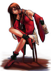  1girl alcohol arc_system_works bare_shoulders beer boots brown_eyes brown_hair can chair china_dress chinese_clothes detached_sleeves dress guilty_gear kuradoberi_jam crossed_legs long_hair micchii_(mitchiee) mitchiee sitting solo stool  rating:Sensitive score:13 user:danbooru