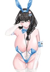  1girl animal_ears bare_shoulders black_hair blue_bow blue_bowtie blue_hair blue_leotard bowtie braid breasts closed_eyes closed_mouth detached_collar elbow_gloves fake_animal_ears gloves goddess_of_victory:_nikke hand_on_own_cheek hand_on_own_face hanging_breasts huge_breasts id_card leaning_forward leotard long_hair mary_(medical_rabbit)_(nikke) mary_(nikke) multicolored_hair official_alternate_costume playboy_bunny rabbit_ears see-through see-through_leotard smile solo strapless strapless_leotard streaked_hair thighhighs tsuchi_(xger4434) white_gloves white_thighhighs 