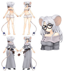  1girl animal_ears barbariank bare_legs barefoot bell belt_pouch black-framed_eyewear black_footwear bloomers blue_eyes bra breasts collarbone commentary commission english_commentary full_body glasses grey_hair hair_over_shoulder highres jingle_bell long_hair looking_at_viewer medium_breasts mouse_ears mouse_girl mouse_tail multiple_views original pouch round_eyewear shoes simple_background smile strapless strapless_bra tail tail_bell tail_ornament underwear underwear_only white_background  rating:Sensitive score:14 user:danbooru