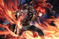  1boy diluc_(genshin_impact) fire genshin_impact gloves holding holding_sword holding_weapon jacket open_clothes open_jacket red_eyes red_hair sword weapon  rating:Sensitive score:0 user:Zekra