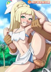  1boy 1girl armpits beach blonde_hair blush cheating_(relationship) clenched_teeth clothed_sex clothing_aside creatures_(company) game_freak grabbing_another&#039;s_arm green_eyes hat kukui_(pokemon) lab_coat lillie_(pokemon) navel netorare nintendo older_man_and_younger_girl panties panties_aside penis pokemon pokemon_sm pussy rape reit sex sex_from_behind solo_focus sunglasses teeth underwear 